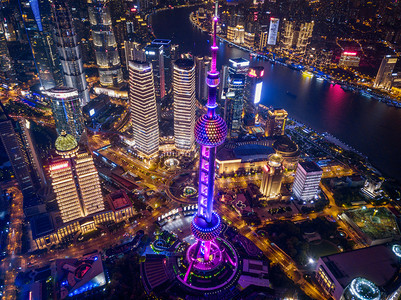 上海市心空景象亚洲智能城市的金融区和商业中心夜间摩天大楼和高的顶层景象图片