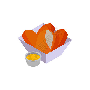 雪菜鸡块以等度3d风格分隔在白背景上的鸡块图标纸篮中的鸡手指加酱汁