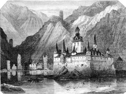 Pfalz莱茵城堡1857年MagasinPittoresque1857年的古典雕刻插图图片