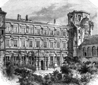 海德尔贝格城堡奥伦亨利宫大厦的面孔185年马加辛皮托罗克图片