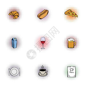 健康不良食品图标集Popart插图9个不健康食品向量图标集用于网络健康不良食品图标集流行艺术风格图片