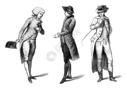 穿着晚礼服的年轻优雅178年服丧的中产阶级1786年英语的马装1786年雕刻的古典插图1869年的MagasinPittores图片