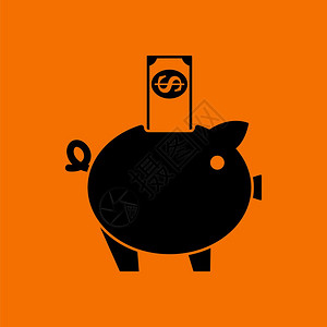 小猪银行图标橙色背景的黑矢量说明背景图片
