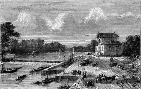 Suresnes的Seine水坝1873年的MagasinPittoresque刻有古老的插图图片
