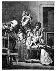 Pauquet根据PhilibertLouisDebucourt1874年幸福家庭绘画的旧刻插图上两名妇女一男子和两儿童在马上玩图片