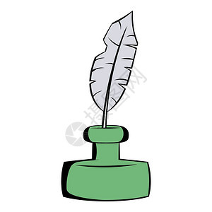 卡通风格中的羽毛和绿色墨水瓶图标孤立矢量插图羽毛和墨水瓶图标图片