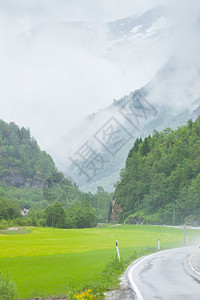 穿过挪威山的通路雾雨日美丽的绿色夏季风景旅行和游图片