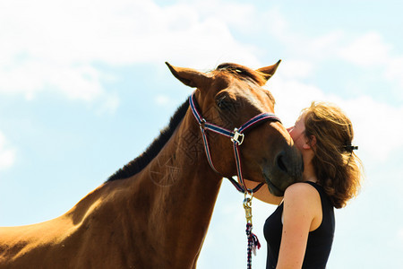 骑马的年轻女孩在阳光明媚的一天接吻和拥抱棕色马骑的年轻女孩接吻和拥抱棕色马图片