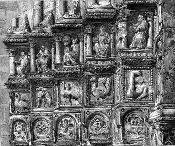 SensCathedral入口的BasRelief的碎裂180年MagasinPittoresque的古代刻字插图图片