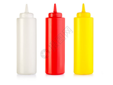 白色上孤立的番茄酱蛋黄和芥子空白塑料瓶图片