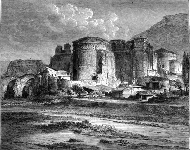 Pergamum圣约翰旧教堂该应建在Aesculadius寺庙的废墟上180年的MagasinPittoresque刻有古老的插图片