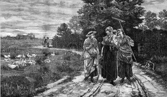 夏夜收割者返回田地180年的MagasinPittoresque刻有古老的插图图片