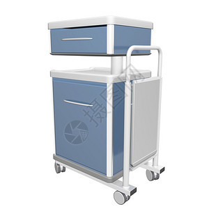蓝色和白无不锈金属医疗用品柜放在一辆拖车上3个插图在白色背景下被隔离图片