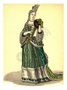 缅因州的公爵夫人雕刻的老式插图12世纪到8的时装形象图片