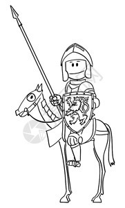矢量卡通棍图绘制骑士身穿盔甲长矛或盾牌坐在马上和骑的概念说明背景图片