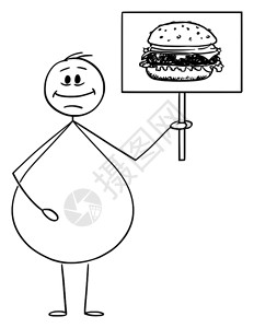 矢量卡通棒图绘制笑超重或肥胖男子持有汉堡或图象的标牌概念说明Junk食品概念SmingObese或超重男子持有汉堡或图象的矢量卡图片