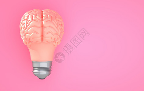 彩色背景上的粉红脑灯泡3D插图彩色背景上的粉红脑灯泡图片