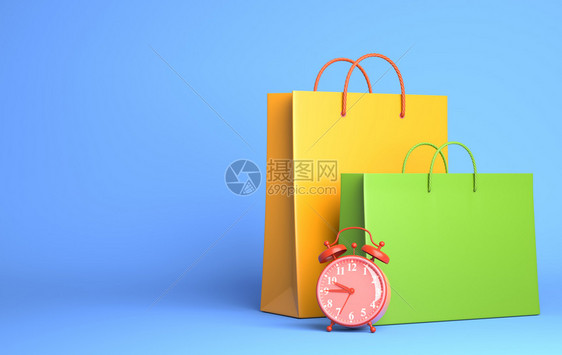 两个购物袋和闹钟3D插图图片