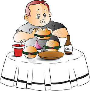 桌子胖的人说明餐厅吃汉堡的胖小男孩矢量说明插画