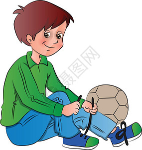 结顶矢量说明男孩在足球旁边系鞋带插画