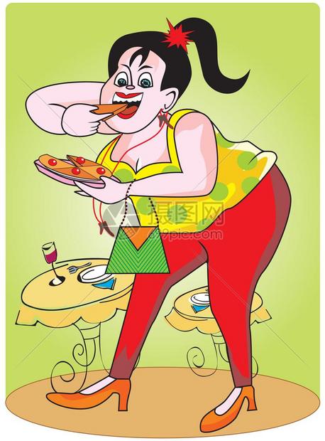 胖女孩有馅饼和饮料在餐馆矢量插图