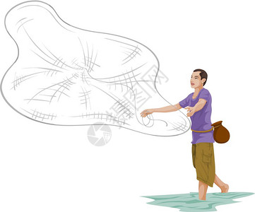 蜿蜒河用矢量说明人扔渔网的情况插画