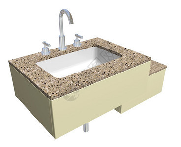 白色内置的广场浴室水槽装有铬龙头和管道固定装置有花岗岩顶台在白色背景下隔离图片