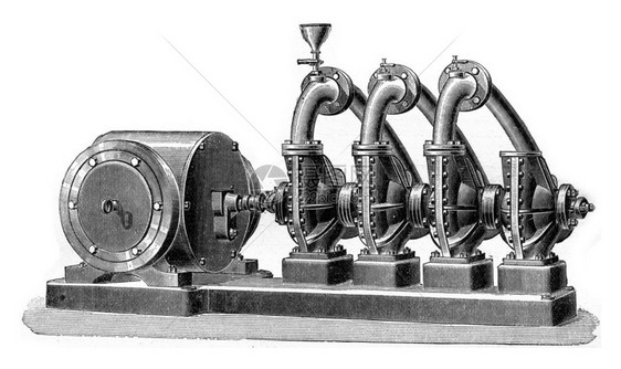 Dumont系统由四组同族泵成由在湿井作业的电动马达驱用古老的刻有插图工业百科全书EOLami1875图片