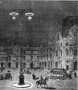 巴黎Carlosel广场的灯光是用电照亮的刻有古老插图工业百科全书EOLami1875年图片