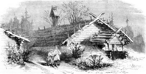 俄罗斯北部的房屋外壳刻有古老的插图世界之旅行日报1872年图片