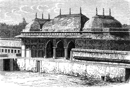 Jaipur宫的馆子刻有古老的插图世界之旅行日报1872年背景图片