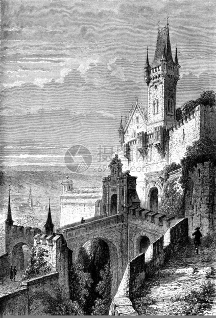 古老的科堡城古代雕刻的插图世界之旅行日报1872年图片