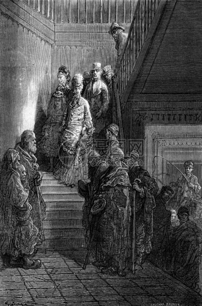 Fonda楼梯上的乞丐刻有古老的插图世界之旅行日报1872年图片
