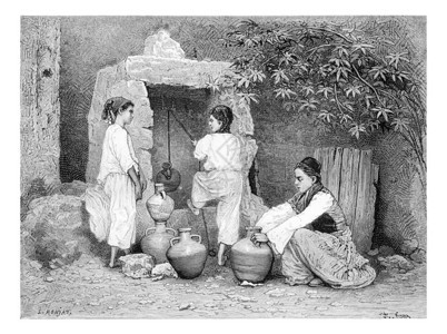 阿拉伯女孩从以色列Acre的水井中取阿拉伯女孩古代雕刻的插图LeTourduMondeTravelJournal18年图片