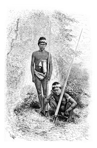 巴西亚马逊的SanMiguel镇印度人作为SantaCruz的护卫由Riou从照片中绘制刻有古老的插图图片