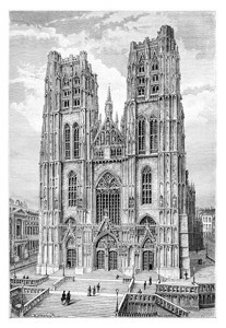 比利时布鲁塞尔圣迈克和古杜拉大教堂Catenacci根据照片绘制的图画旧照插世界旅游行杂志18年图片