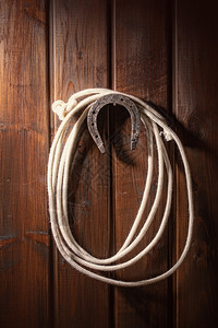 一只老马蹄铁挂在一根钉子上用拉索套在黑木墙上马蹄铁和拉索图片