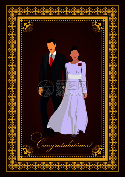配有夫妇图像的婚礼相册旧风格封面婚礼卡设计师邀请矢量插图图片