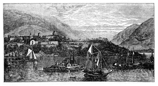 1890年代西点岛或信天翁古代雕刻西点岛的旧雕刻插图前方有行船图片