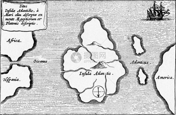 传说中的亚特兰蒂斯岛古代雕刻的插图190年从宇宙和人类图片