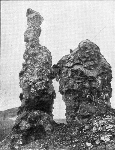 熔岩形成于基拉维亚火山口古老的雕刻图解190年从宇宙和人类中图片