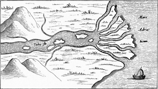 三角洲在亚得里海的波口形成古老的雕刻图解190年从宇宙和人类背景图片