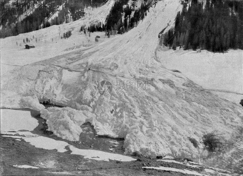 Engadine的Scabetta通道的春季雪崩末点刻有古老的插图来自宇宙和人类190年图片