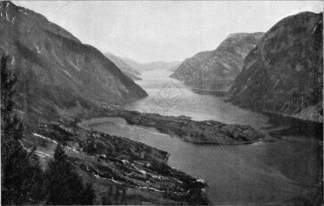 挪威Hardangerfjord的一部分Sorfjord刻有古老的插图190年宇宙与人类图片