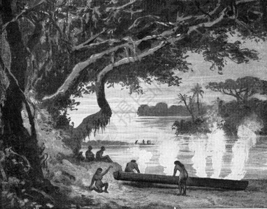 巴西印地安人用火挖一棵树古老的雕刻插图190年来自宇宙和人类图片