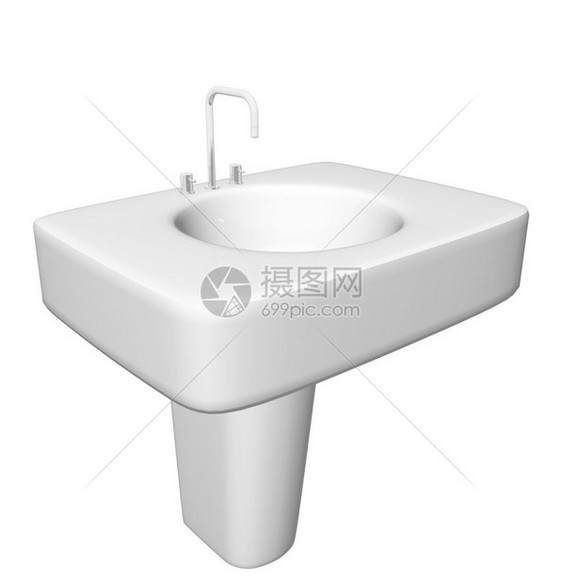 现代洗手盆或水槽中隐藏有龙头和管道固定装置以白色背景隔离图片