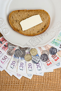 生活成本食品预算概念英国在厨房桌上的钱一块面包黄油片的盘子图片