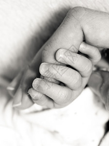双亲和爱的概念关紧新生儿抱着母亲的手指方形黑白照片图片
