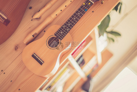 Ukulele和长笛挂在木书架上图片