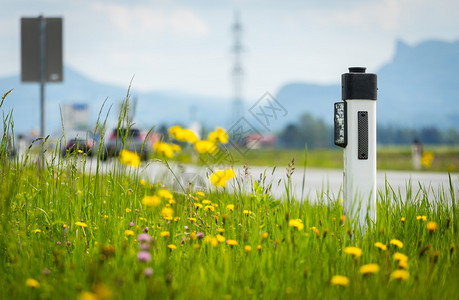 夏季在一条有田地沥青路鲜花和绿草的反射站图片